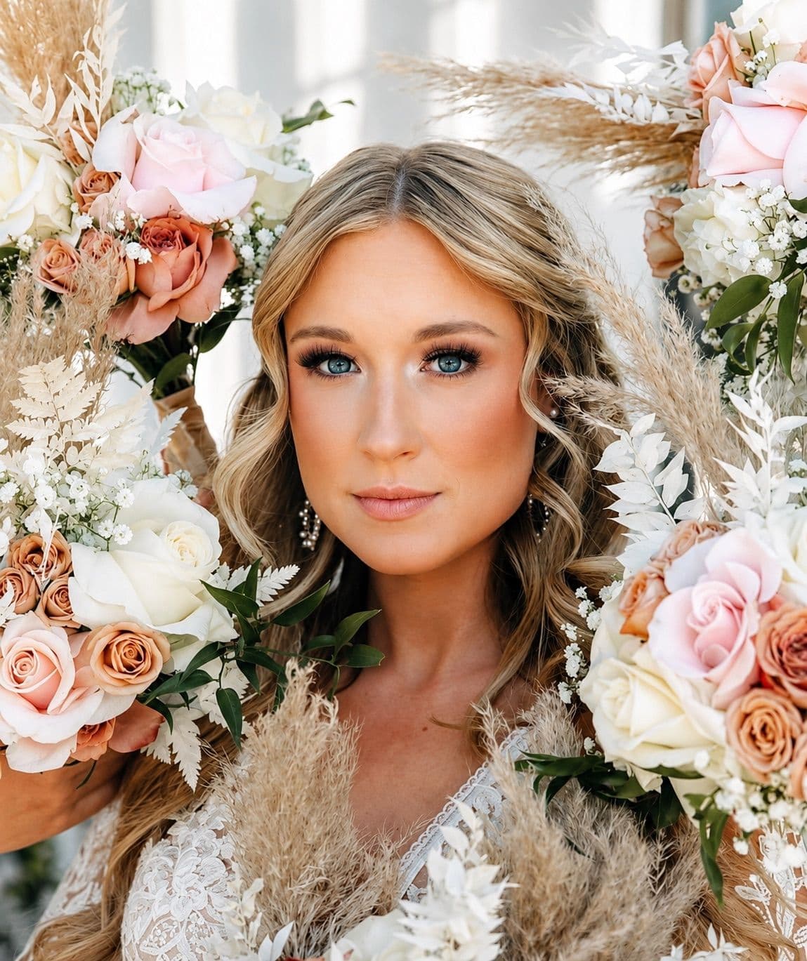 A bride with soft waves and glowing makeup, framed by blush roses and pampas grass.