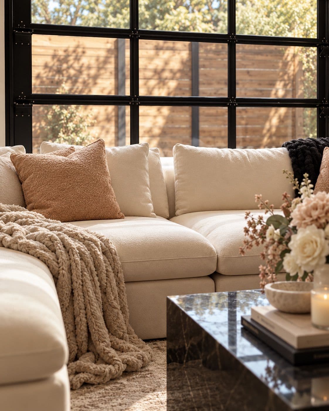 A corner of The Suite lounge with soft cushions, a knitted throw and fresh blush flowers on a marble table.