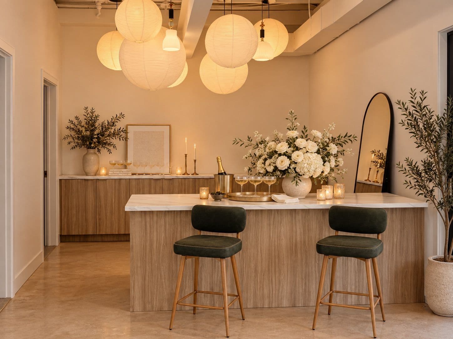 The Suite beverage bar with green velvet stools, white peonies and a cluster of paper lanterns overhead.