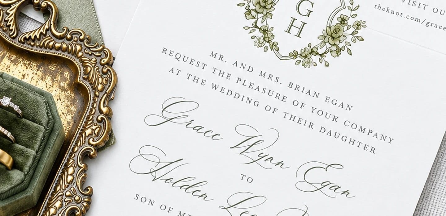 Wedding invitation suite with a sage crest, a gilded ring box and silk ribbon.