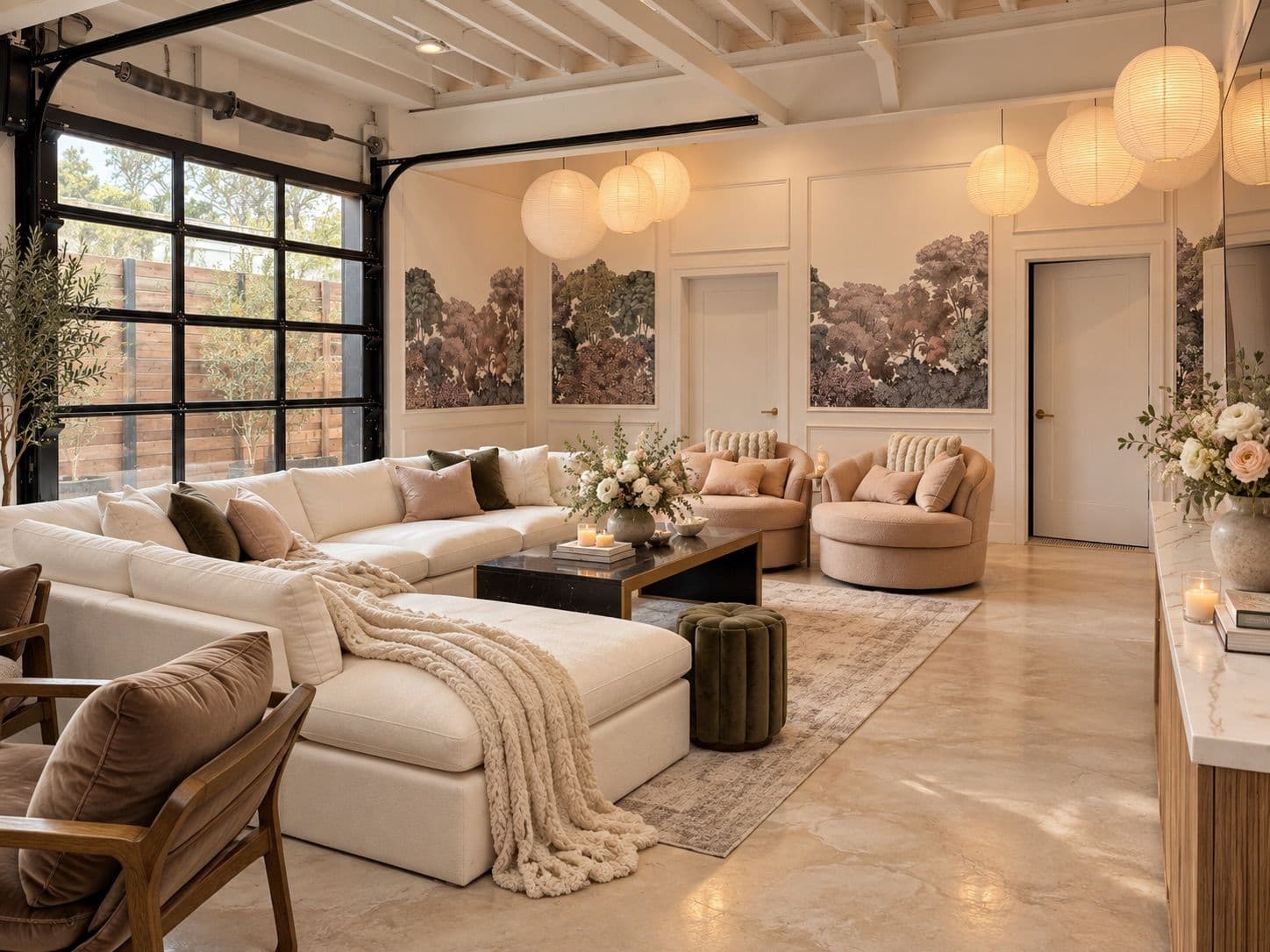 The Suite lounge: a long cream sectional, round pendant lights and botanical artwork beneath a warm white ceiling.
